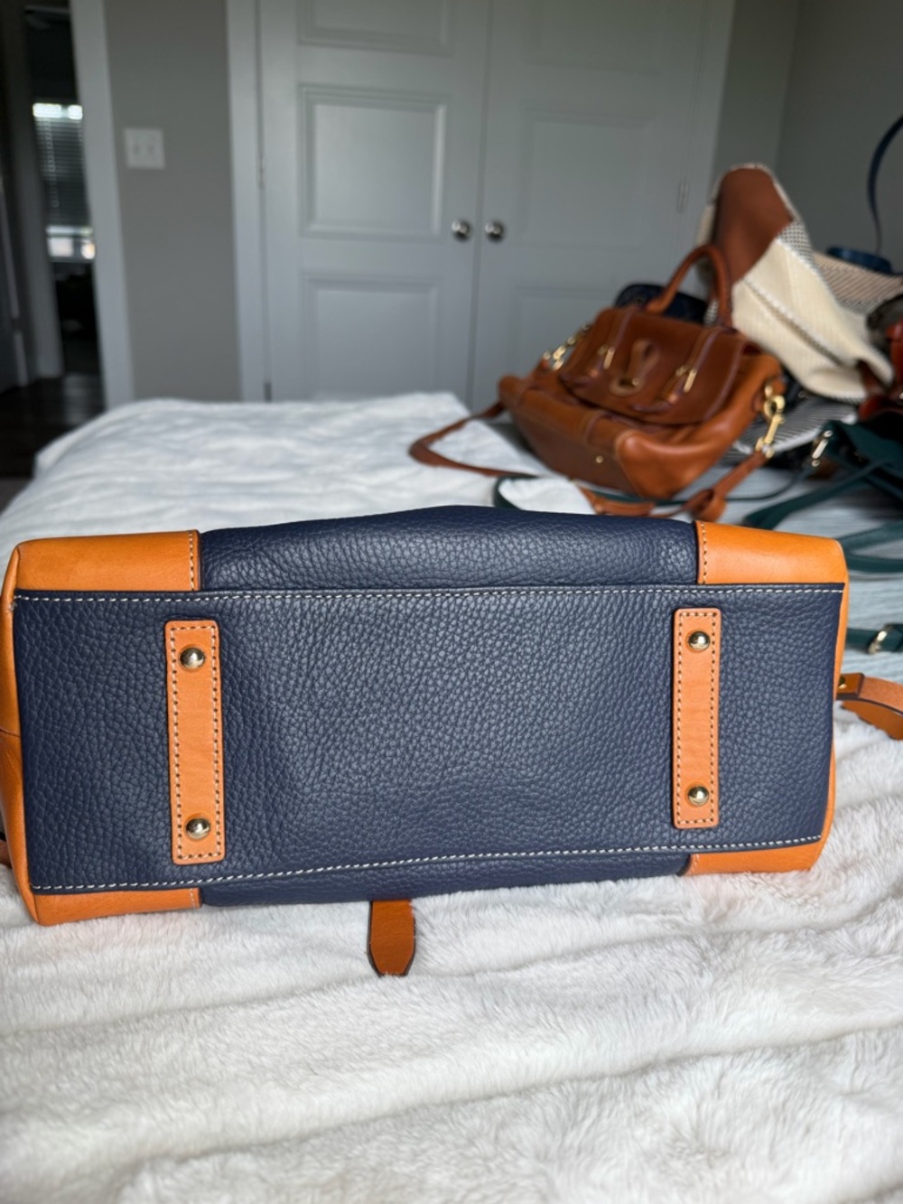Dooney & Bourke Navy and Tan Leather Satchel - Picture 4 of 4